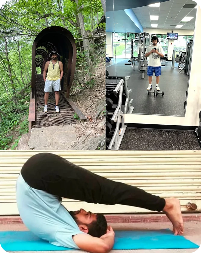 Three photographs: Sumeet hiking on a forest trail, at the gym, and practising yoga
